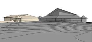 image of massing model - exterior elevation showing existing building and site in grey and proposed addition in light tan (link to construction progress photos)