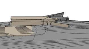 image of massing model - exterior rear elevation showing existing building and site in grey and proposed addition and site improvements in light tan (link to construction progress photos)