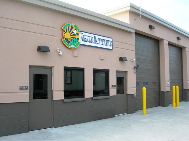 exterior photo of front entrance to Vehicle Maintenance Facility at Alpena CRTC