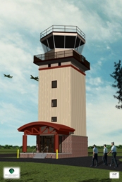 picture of artist's rendering of the Air Traffic Control Tower Renovation at Alpena Combat Readiness Training Center - ground level perspective of Control Tower Entrance Canopy looking up toward top of tower