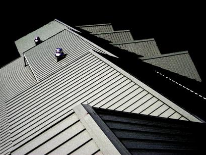 This photo of the building's unique roof line is taken from inside the control room of the observation tower.  The photo is rendered in black and white to accent the staggered pitches in the roof.  It's a pretty cool shot.