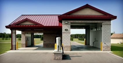 picture of Vehicle Wash Rack at Alpena Combat Readiness Training Center - tan and grey concrete masonry unit construction with red metal roof