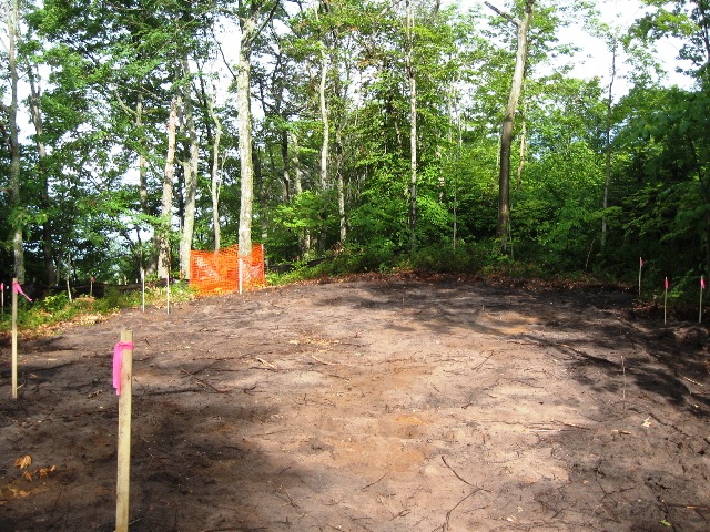 a cleared site with construction stakes surrounded by trees