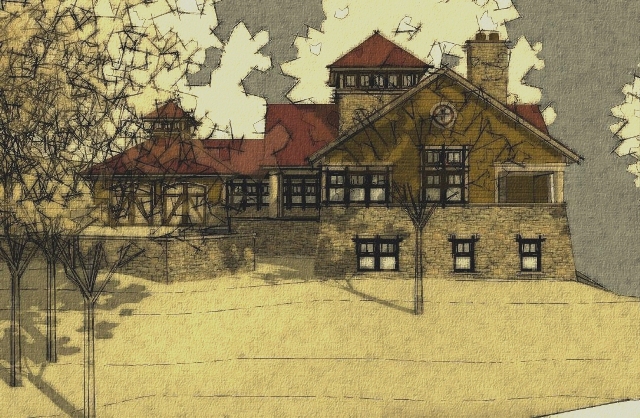 image of 3D rendering of proposed home on Old Mission Peninsula, Traverse City, MI - one-story custom cottage with two towers and a walk-out lower level